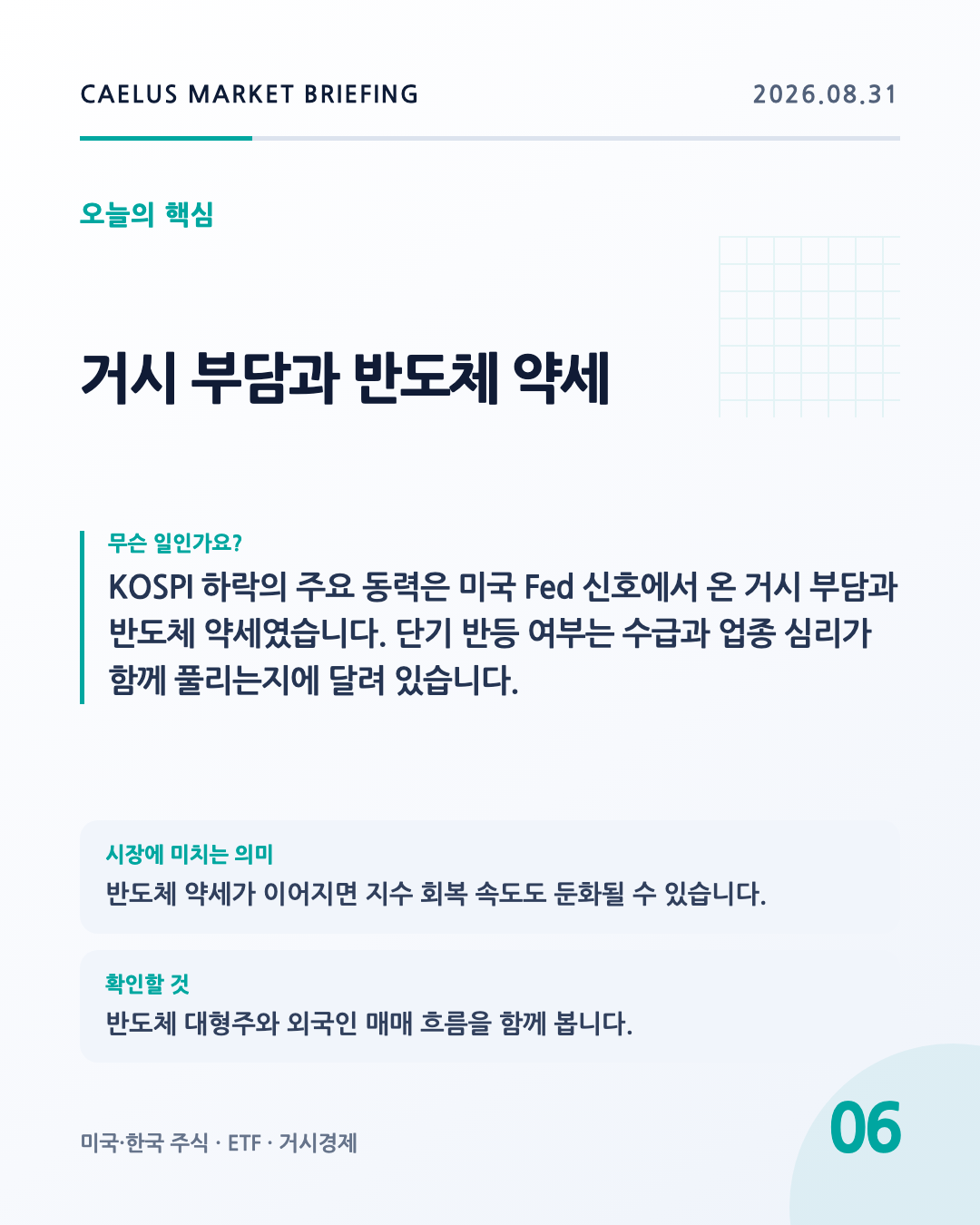 거시 부담과 반도체 약세: KOSPI 하락의 주요 동력은 미국 Fed 신호에서 온 거시 부담과 반도체 약세였습니다. 단기 반등 여부는 수급과 업종 심리가 함께 풀리는지에 달려 있습니다.
