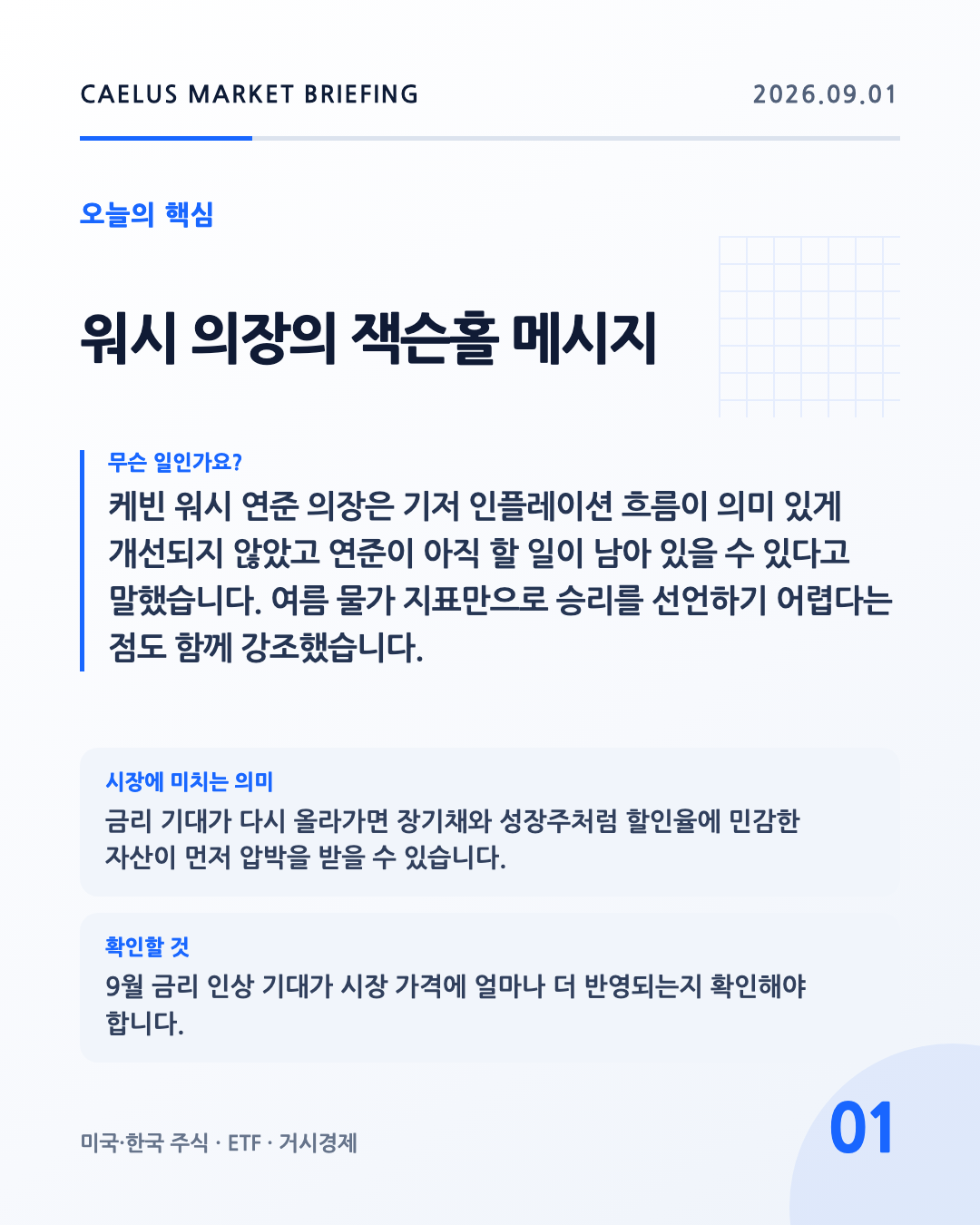 워시 의장의 잭슨홀 메시지: 케빈 워시 연준 의장은 기저 인플레이션 흐름이 의미 있게 개선되지 않았고 연준이 아직 할 일이 남아 있을 수 있다고 말했습니다. 여름 물가 지표만으로 승리를 선언하기 어렵다는 점도 함께